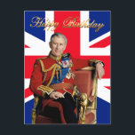 König Charles III mit britischer Flagge Happy Birt Postkarte<br><div class="desc">König Charles III mit britischem Hintergrund</div>