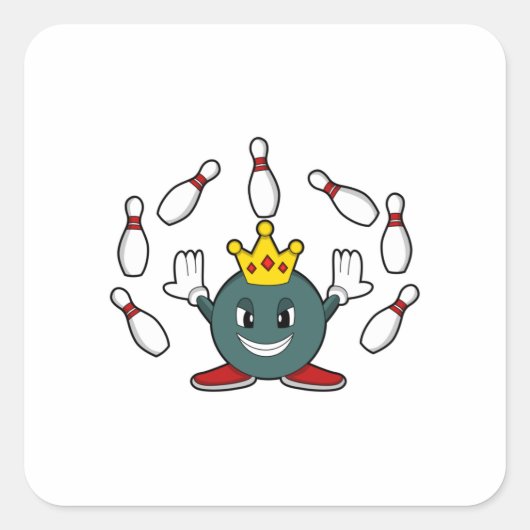 König im Bowling mit Bowling Button Quadratischer Aufkleber (Vorderseite)