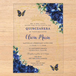 Königblaue Blumen Florale Quinceañera Schmetterlin Acryleinladungen