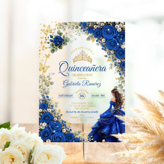 Königblaue goldene Schmetterlinge Quinceañera Acryleinladungen