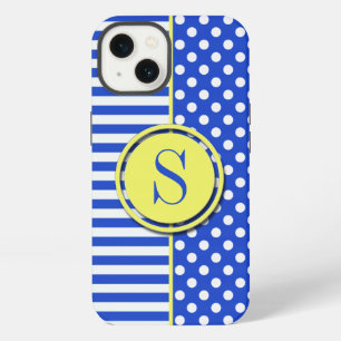 Königblaue Polka-Punkte und Streifen-Monogramm STa iPhone 13 Hülle