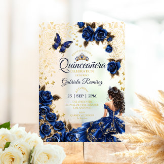 Königblaue Quinceañera Goldene Tiara Rosen Acryleinladungen