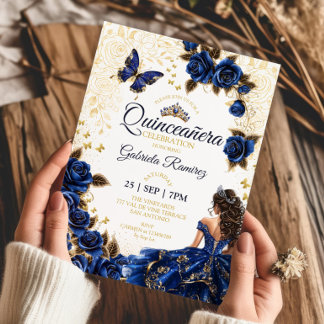 Königblaue Quinceañera Goldene Tiara Rosen Einladung
