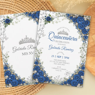 Königblaue Quinceañera Silber Schmetterlinge Einladung
