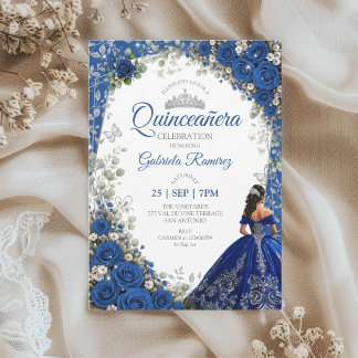 Königblaue Quinceañera Silber Schmetterlinge Einladung