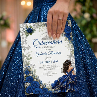 Königblaue Quinceañera Silberne Schmetterlinge Einladung