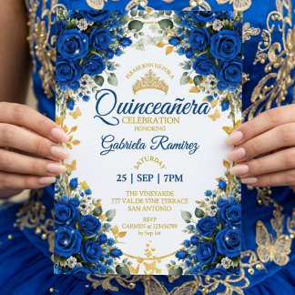 Königblaue Rosen Quinceañera Goldene Schmetterling Einladung