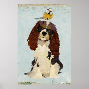 Königcharles Spaniel u. kleines Vogel-Kunst-Plakat Poster