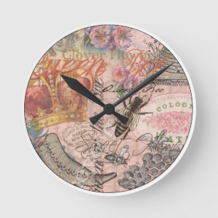 Königin Biene Vintage Schöne Collage Runde Wanduhr