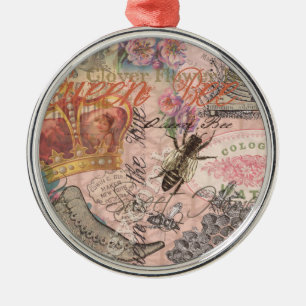 Königin Biene Vintage Schöne Collage Silbernes Ornament