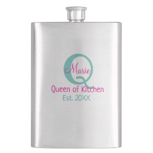 Königin der Küche monogramm grün rosa einfache min Flachmann