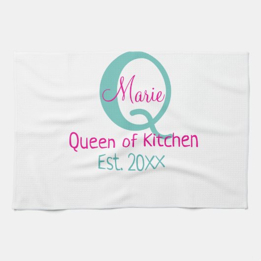 Königin der Küche monogramm grün rosa einfache min Geschirrtuch (Horizontal)