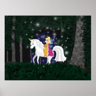 Königin-Fee und Unicorn-Walddruck Poster