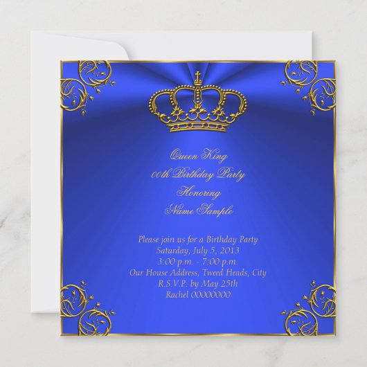 Königin King Regal Gold Royal Blue Birthday Party Einladung (Rückseite)