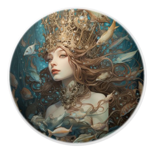 Königin Meerjungfrau und Fische unter Wasser Keramikknauf (Vorderseite)