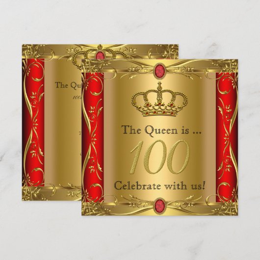 Königin oder König Regal Red Gold 100. Geburtstags Einladung (Vorne/Hinten)