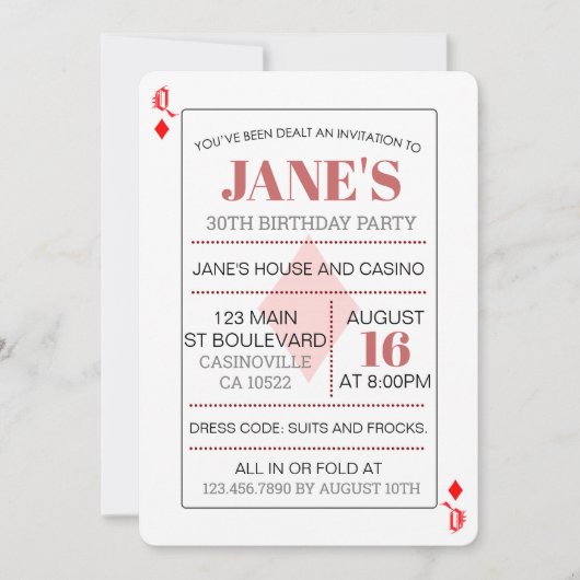 Königin von Diamonds Casino Spielkarten Geburtstag Einladung (Vorderseite)