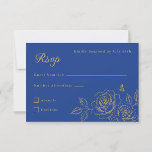 Königlich Blau & Gold Blumen Quinceañera RSVP Karte