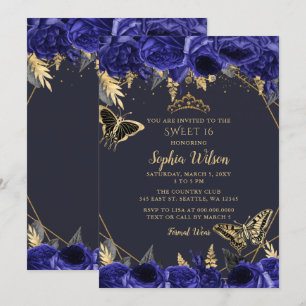 Königlich Blau Gold Blumen Schmetterling Sweet 16 Einladung