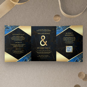 Königlich Blau Gold Marmor Et-Zeichen QR-Code Hoch Dreifach Gefaltete Einladung
