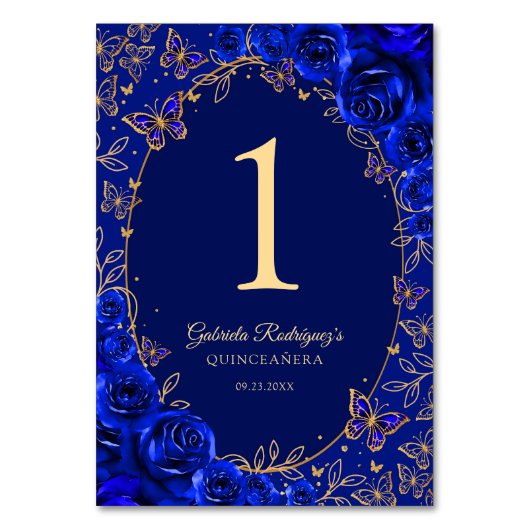 Königlich Blau Gold Quinceanera Tischnummer (Vorderseite)