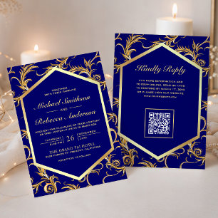 Königlich Blau Gold Schwung Wirbel QR-Code Hochzei Einladung