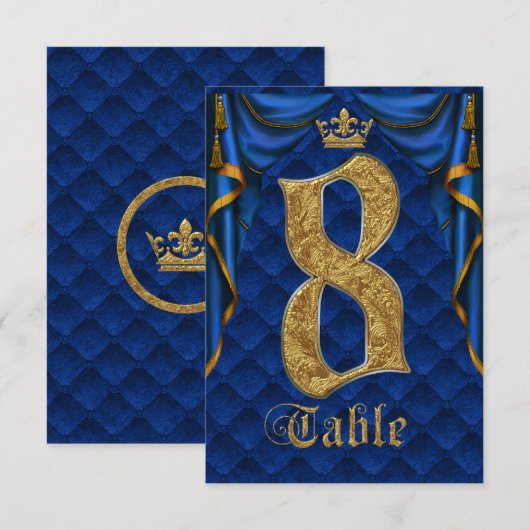 Königlich Blau Goldene Krone Hochzeit Tisch Nummer Einladung (Vorne/Hinten)