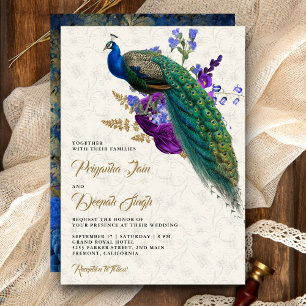 Königlich Blau Lila Blumen Indien Pfau Hochzeit Einladung