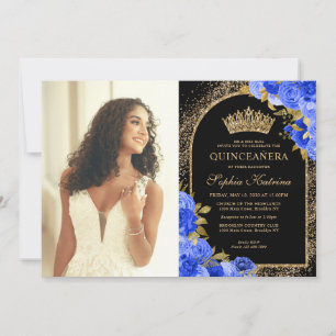 Königlich Blau Schwarzes Gold Florales Foto Quince Einladung