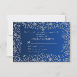 Königlich Blau Silber Line Art Florale Quinceañera RSVP Karte