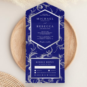 Königlich Blau Silberfolie Flourish Swirl Hochzeit All In One Einladung