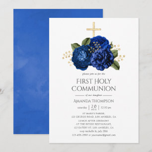 Königlich Blau und Gold Blumen Erster Heiligen Kom Einladung