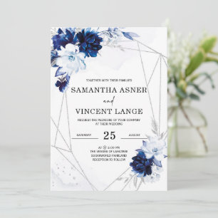 Königlich Blau Weiße Silber Blumen Hochzeit Einladung