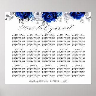 Königlich Blau Weiße Silber Blumen Sitzordnung Poster