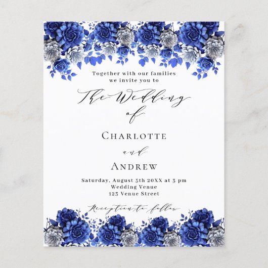 Königlich blaue Blumen Budget Hochzeitseinladung (Vorderseite)