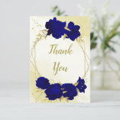 Königlich blaue Blumen goldene Blätter Dankeskarte (Stehend Vorderseite)
