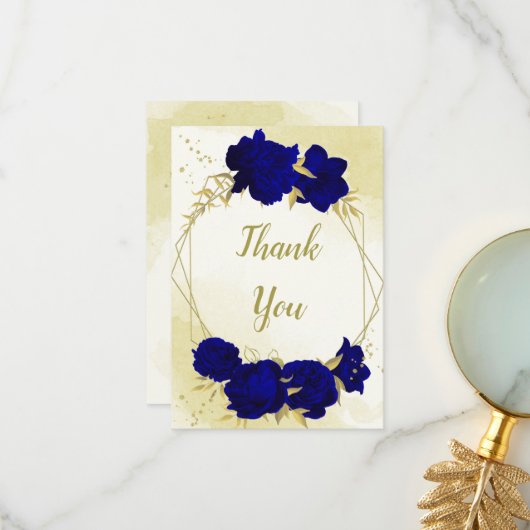 Königlich blaue Blumen goldene Blätter Dankeskarte (Vorderseite/Rückseite Beispiel)