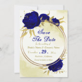 Königlich blaue Blumen goldene Blätter Save The Date (Vorderseite)