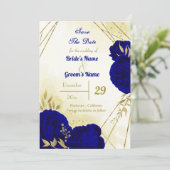 Königlich blaue Blumen goldene Blätter Save The Date (Stehend Vorderseite)