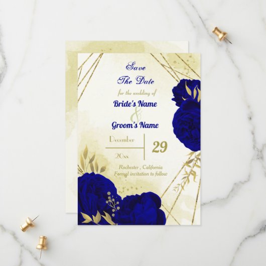 Königlich blaue Blumen goldene Blätter Save The Date (Vorderseite/Rückseite Beispiel)