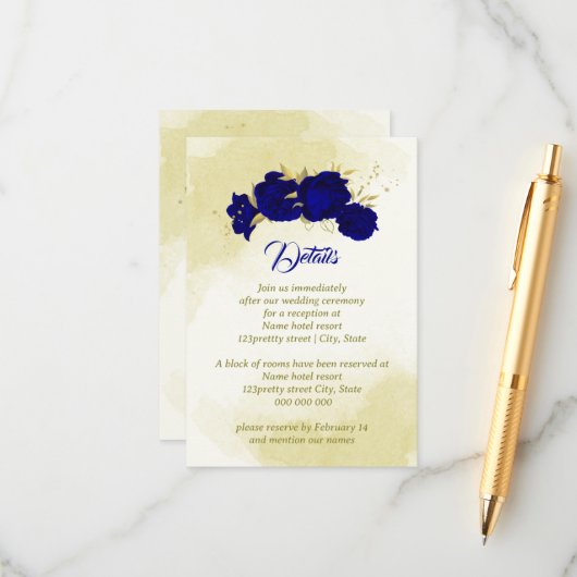 Königlich blaue Blumen goldene botanische Hochzeit Begleitkarte (Vorderseite/Rückseite Beispiel)