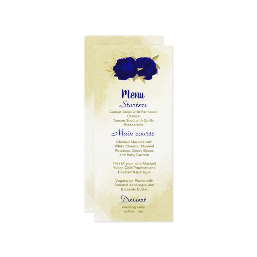 Königlich blaue Blumen goldene botanische Hochzeit Menükarte (Vorderseite/Rückseite Beispiel)