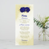 Königlich blaue Blumen goldene botanische Hochzeit Menükarte (Stehend Vorderseite)
