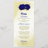 Königlich blaue Blumen goldene botanische Hochzeit Menükarte (Vorderseite)