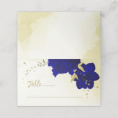 Königlich blaue Blumen goldene botanische Hochzeit Platzkarte (Außenseite Aufgefaltet)