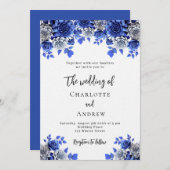 Königlich blaue Blumen Luxushochzeit Einladung (Vorne/Hinten)