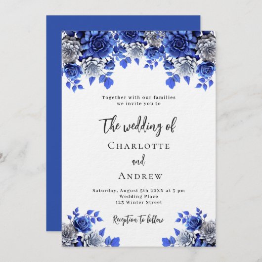 Königlich blaue Blumen Luxushochzeit Einladung (Vorne/Hinten)