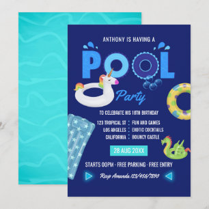 Königlich Blaue Einhorn- und Drachen-Pool-Geburtst Einladung