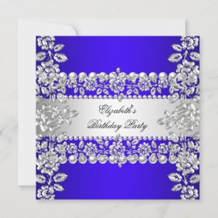 Königlich Blaue Elegante Silber Blumen Geburtstags Einladung