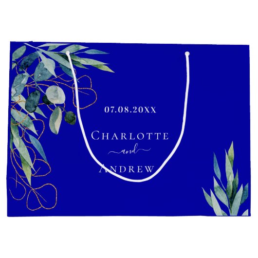 Königlich blaue Eukalyptus-Grüne Hochzeit Große Geschenktüte (Rückseite)